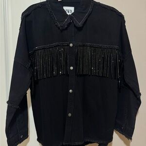 Zara Black Denim Jacket with Fringe